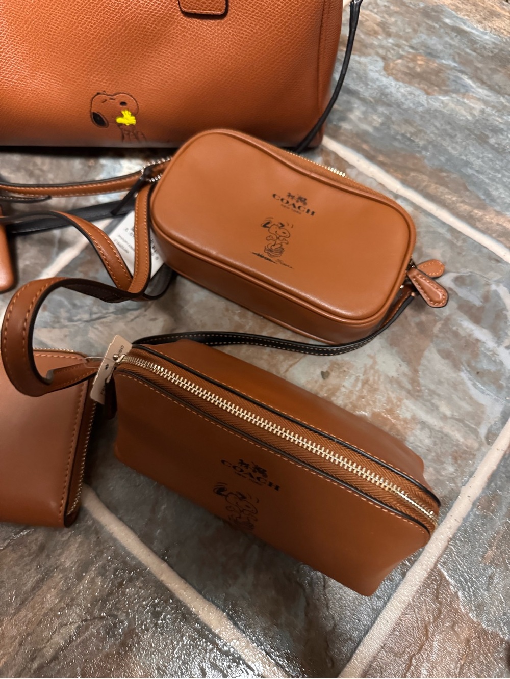 Coach Brown Pebble Leather Satchel and Pouch Set with Snoopy Motif - Picture 3 of 5